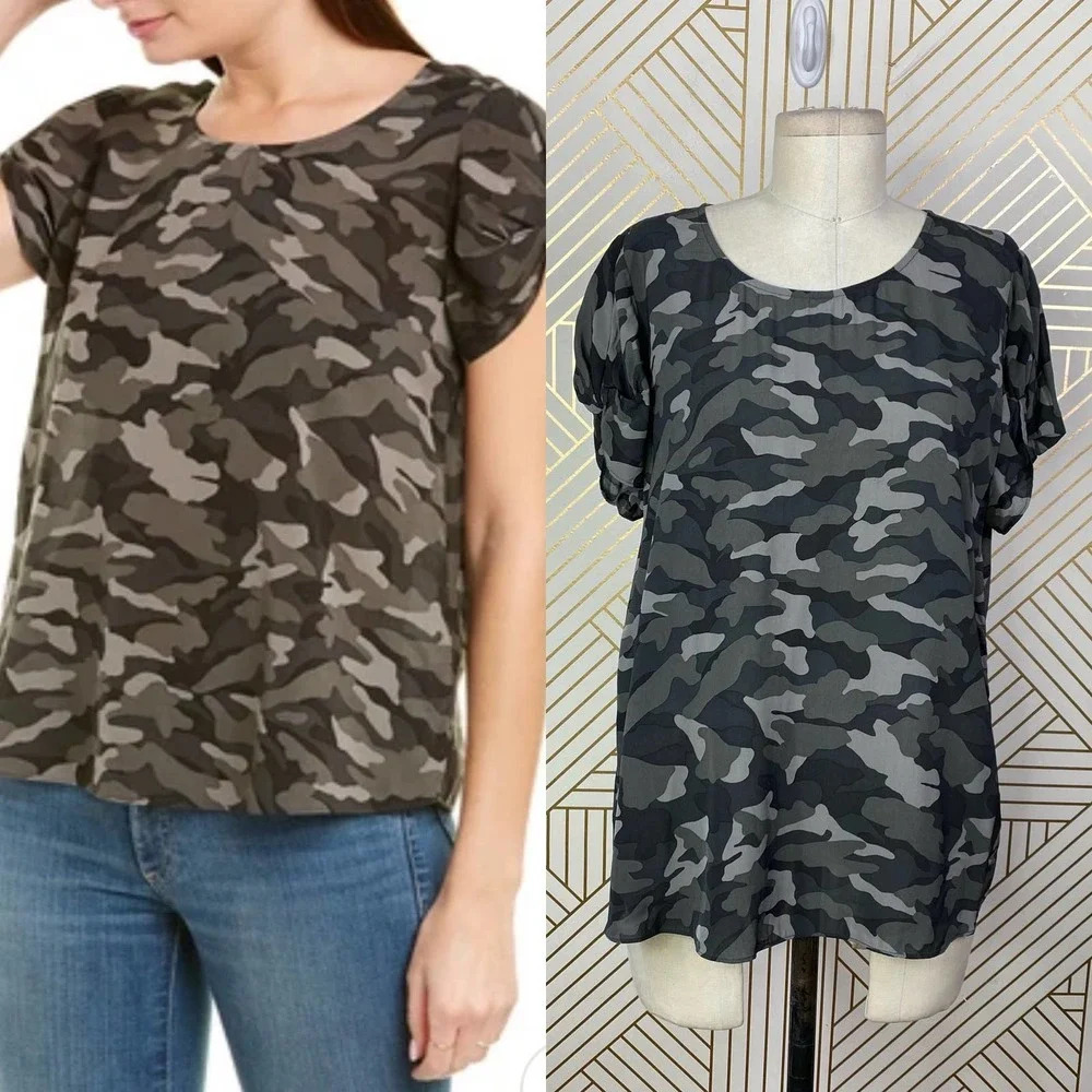 JOIE Elline Top Caviar Black Gray Camo Print Size US Large